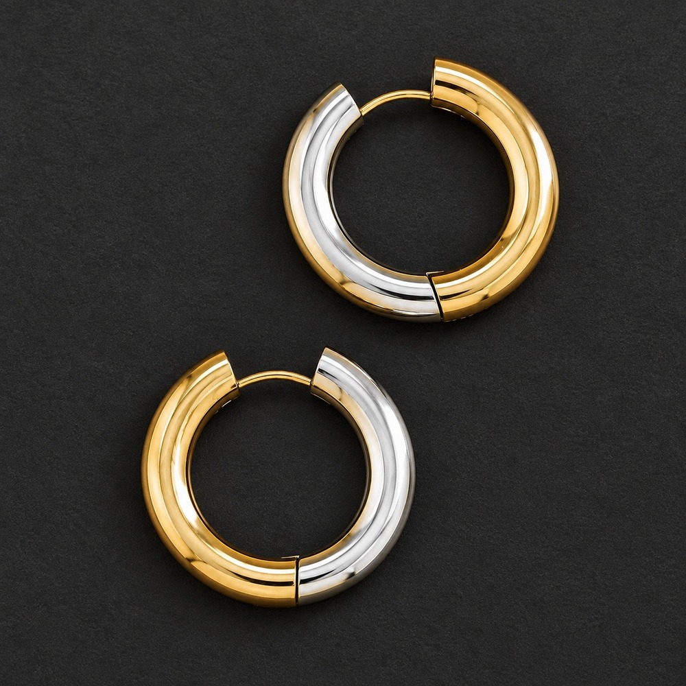 18K Gold Plated Two Tone Chunky Hoop Earrings Stainless Steel Mixed Metal Round